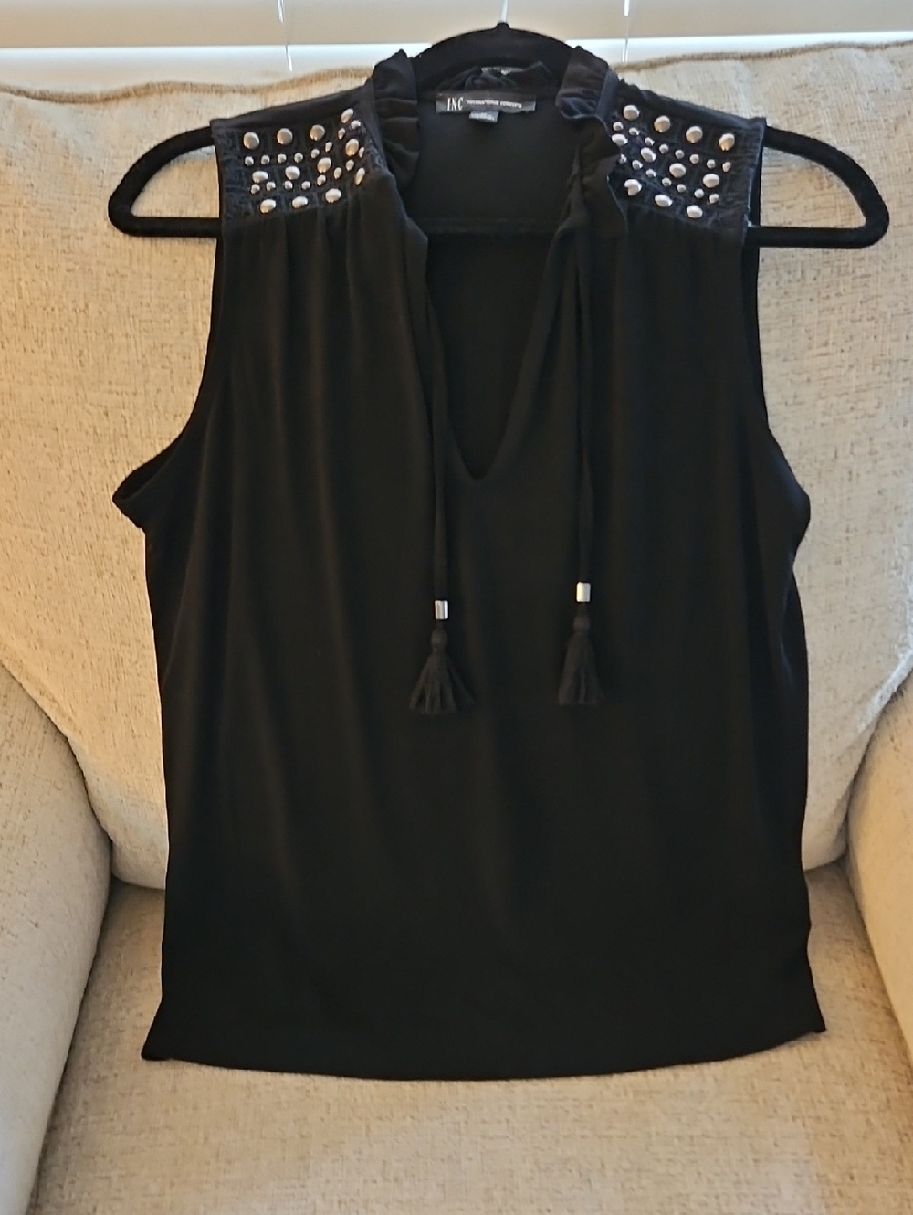 INC International Concepts Black Sleeveless Stud-Accent V-Neck Top